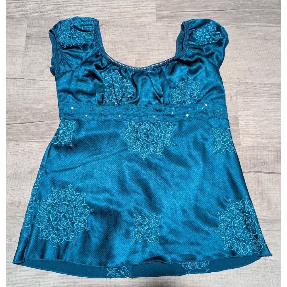 HeartSoul Y2K Blue Babydoll Top XL Satin Embroidered Floral Fairy Hippy